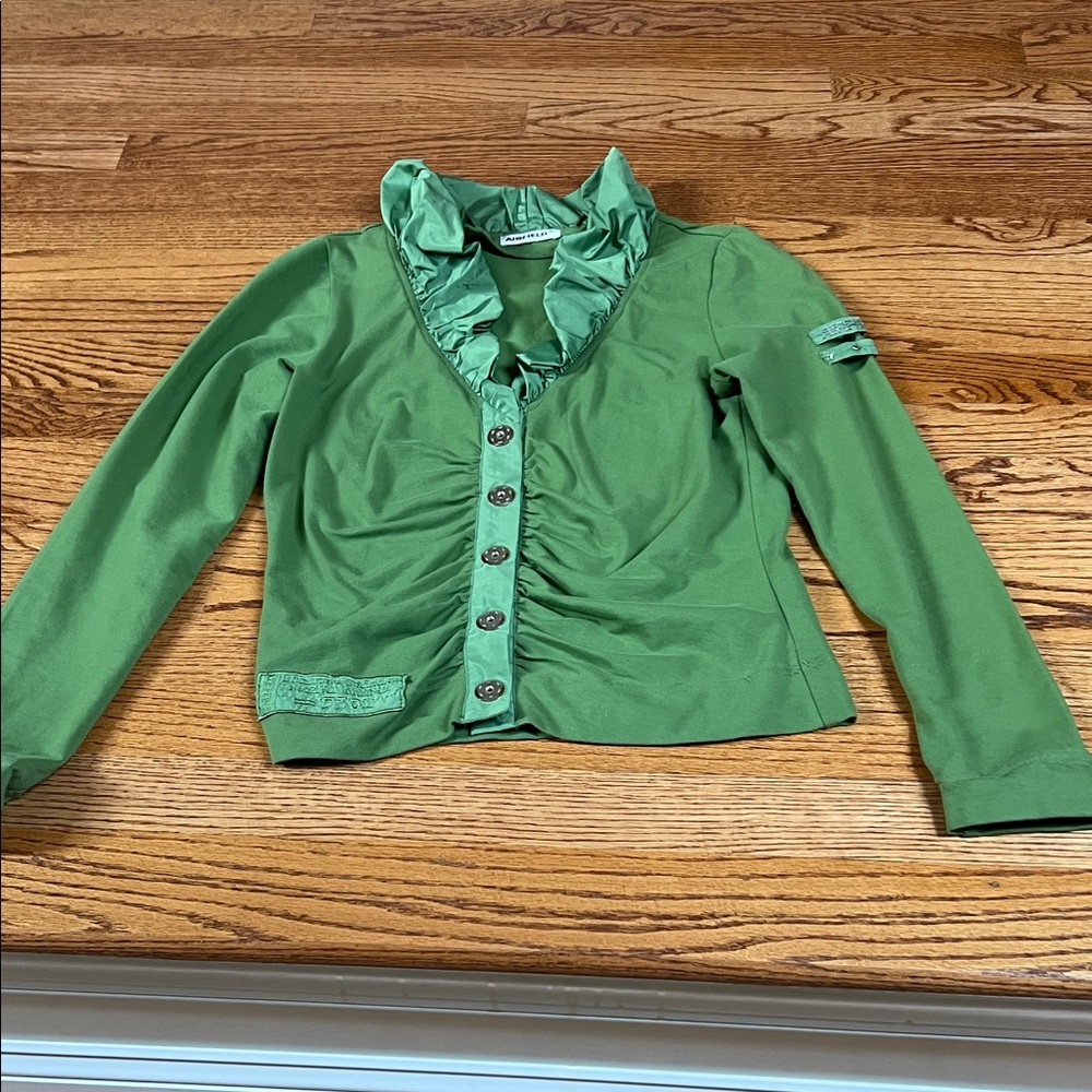 Elegant Green Button Down Shirt with Ruffle Detail